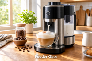 Best automatic milk frother pouring fresh milk foam into a cappuccino cup on a kitchen counter