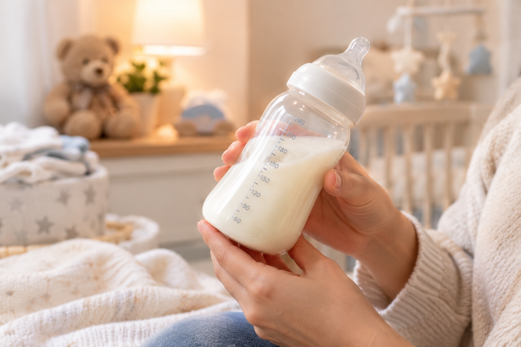 Close up of prepared warm goat milk formula in a bottle highlighting taste and color.